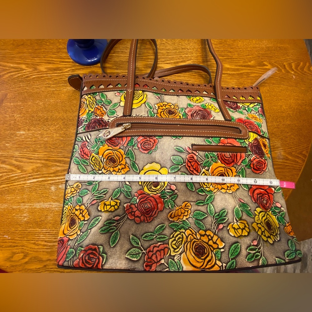 Rose Floral Embossed Leather Tote/Purse with Brown Leather Trim - Picture 14 of 16